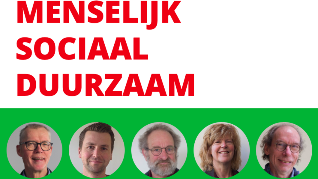 foto van eerste 5 kandidaten met de tekst "menselijk, sociaal en duurzaam"